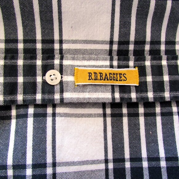 MEN'S COTTON SHIRT, M- L TALL, 16x34" LONG SLEEVED BLACK WHITE PLAID BD BAGGIES - Picture 6 of 7